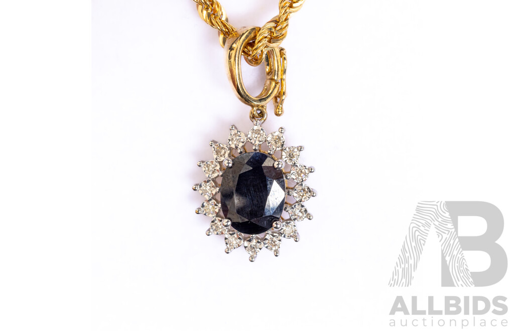 Prouds - NEW 9ct Sapphire & Diamond Enhancer Pendant on 9ct Rope Link Chain, in Box, 5.22 Grams