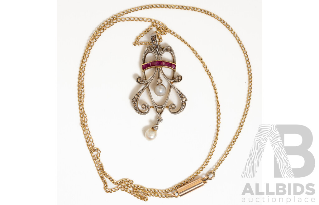 Antique 18ct Art Nouveau Ruby, Diamond & Pearl Pendant on Antique 9ct Chain with Barrel Clasp, 6.34 Grams