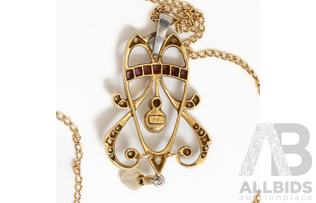 Antique 18ct Art Nouveau Ruby, Diamond & Pearl Pendant on Antique 9ct Chain with Barrel Clasp, 6.34 Grams