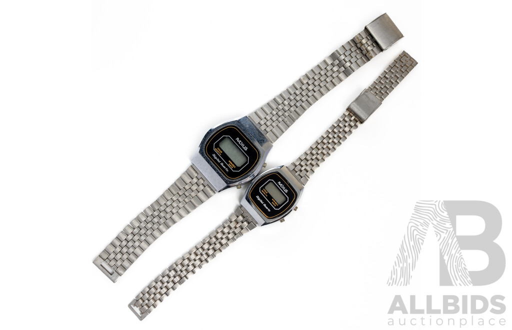 Radius (2) Vintage Digital Watches, 35mm/25mm, Made in Hong Kong