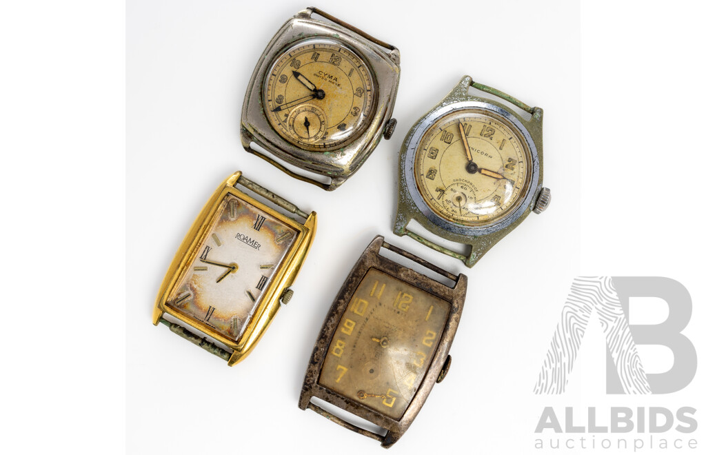 Vintage (4) Watch Faces Only - Including Unicorn, Cyma & Roamer
