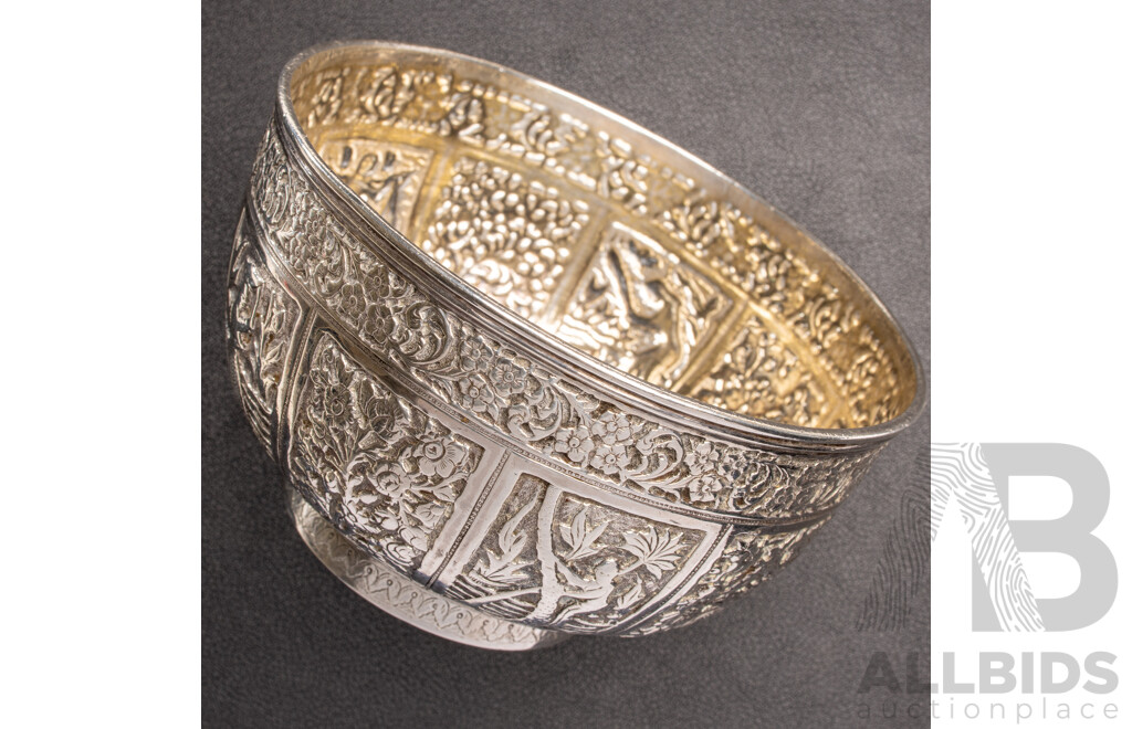 Vintage Sterling Silver Repousse South East Asian Offering Bowl, 216.9 Grams
