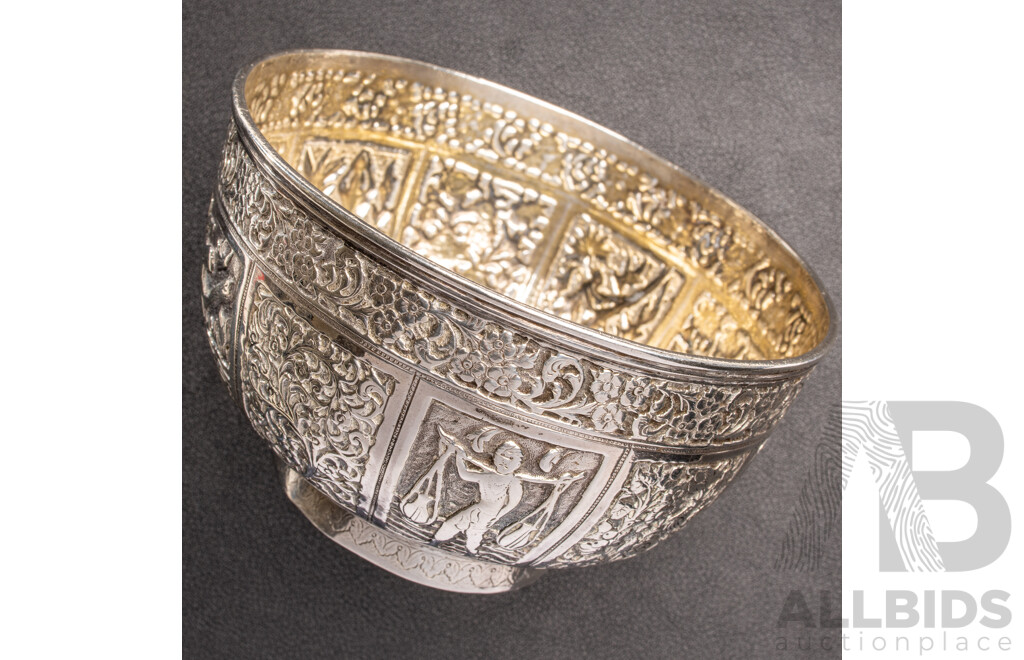 Vintage Sterling Silver Repousse South East Asian Offering Bowl, 216.9 Grams