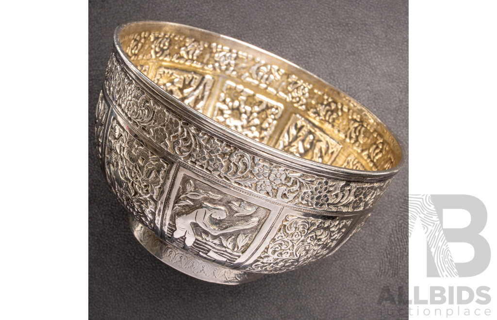 Vintage Sterling Silver Repousse South East Asian Offering Bowl, 216.9 Grams