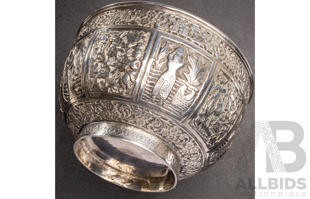 Vintage Sterling Silver Repousse South East Asian Offering Bowl, 216.9 Grams