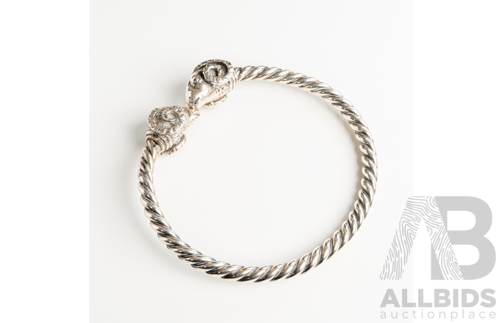 Silver Double Rams Head Torque Cuff Bangle, 75mm Diameter, 800-900 Silver 71.9 Grams