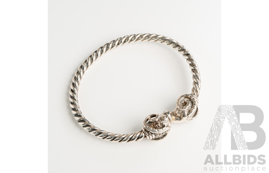 Silver Double Rams Head Torque Cuff Bangle, 75mm Diameter, 800-900 Silver 71.9 Grams
