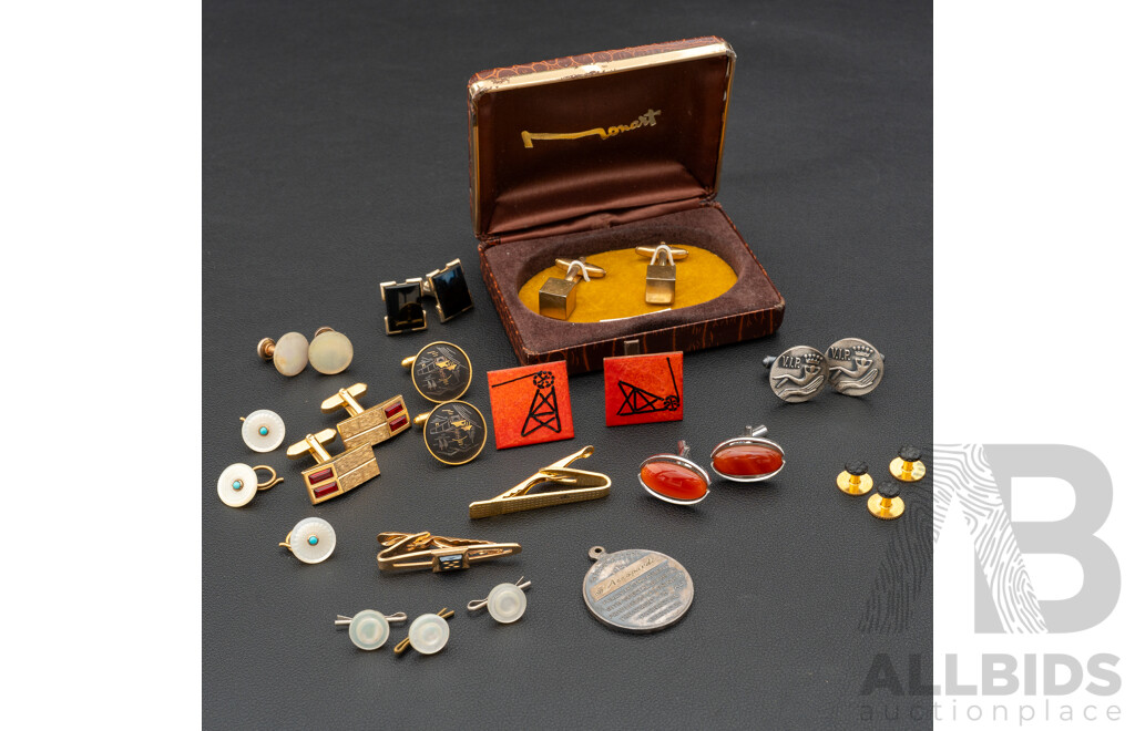 Collection of Vintage Cuff Links, Tie Bars and Buttons