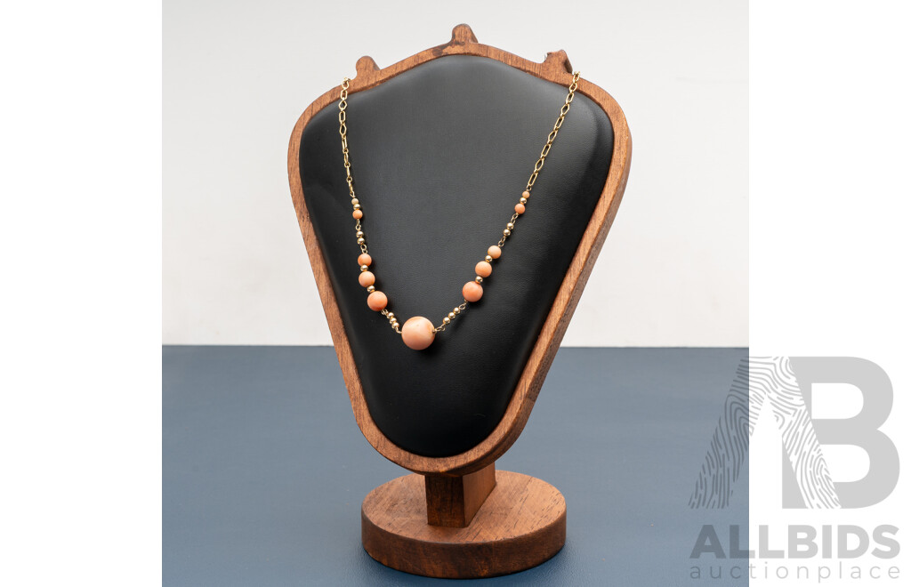 9ct Yellow Gold Vintage Coral Beaded Necklace, 38cm, 9.42 Grams