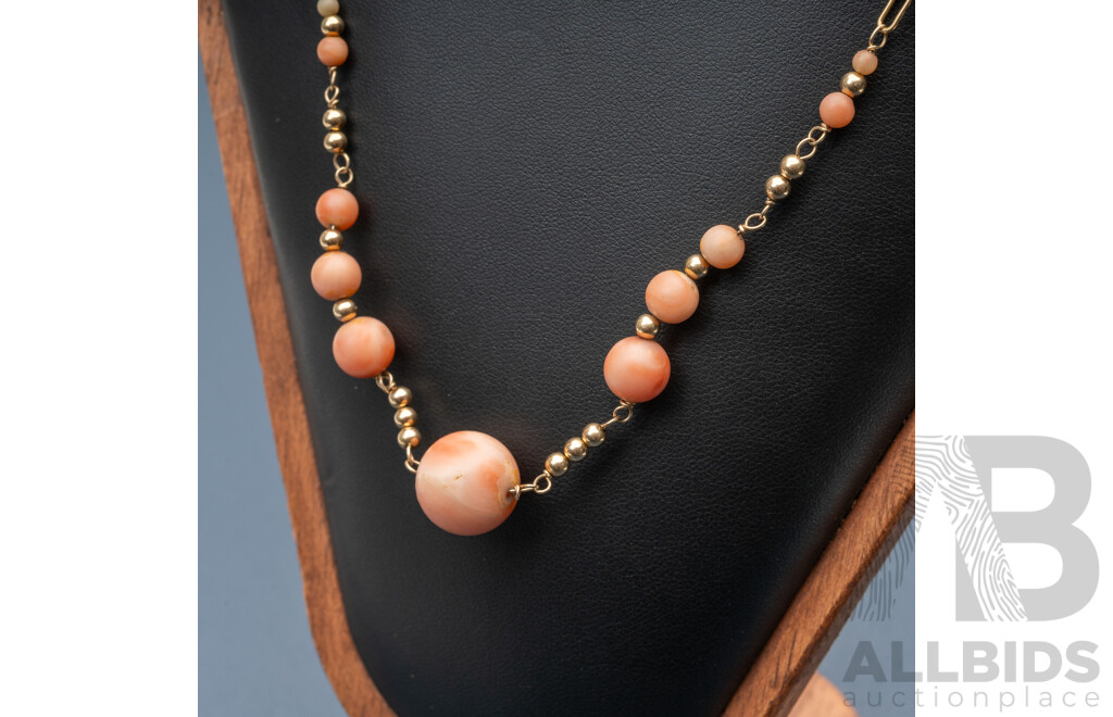 9ct Yellow Gold Vintage Coral Beaded Necklace, 38cm, 9.42 Grams