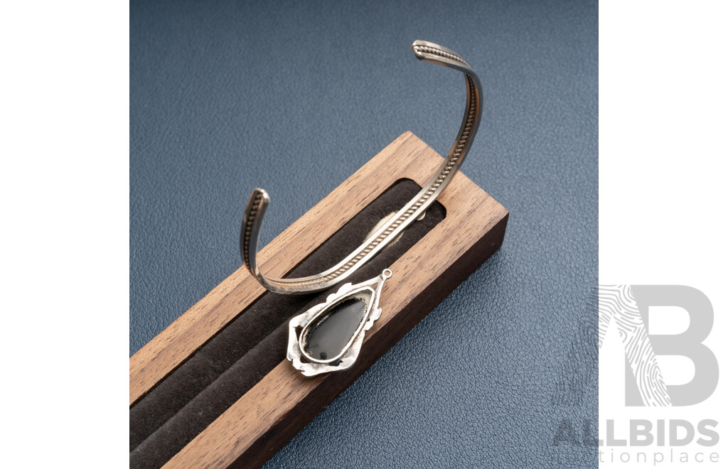 Sterling Silver Vintage Opal Open Cuff Bangle & Ornate SS Opal Pendant, 10.20 Grams