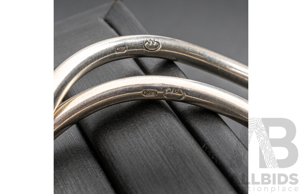 Sterling Silver (2) Handmade Wave Shaped Stacking Open Cuff Bangles, 57mm, 39.78 Grams