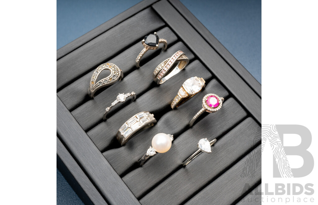 Collection of (9) Sterling Silver Rings with Gemstones, Sizes L-S, 27.97 Grams