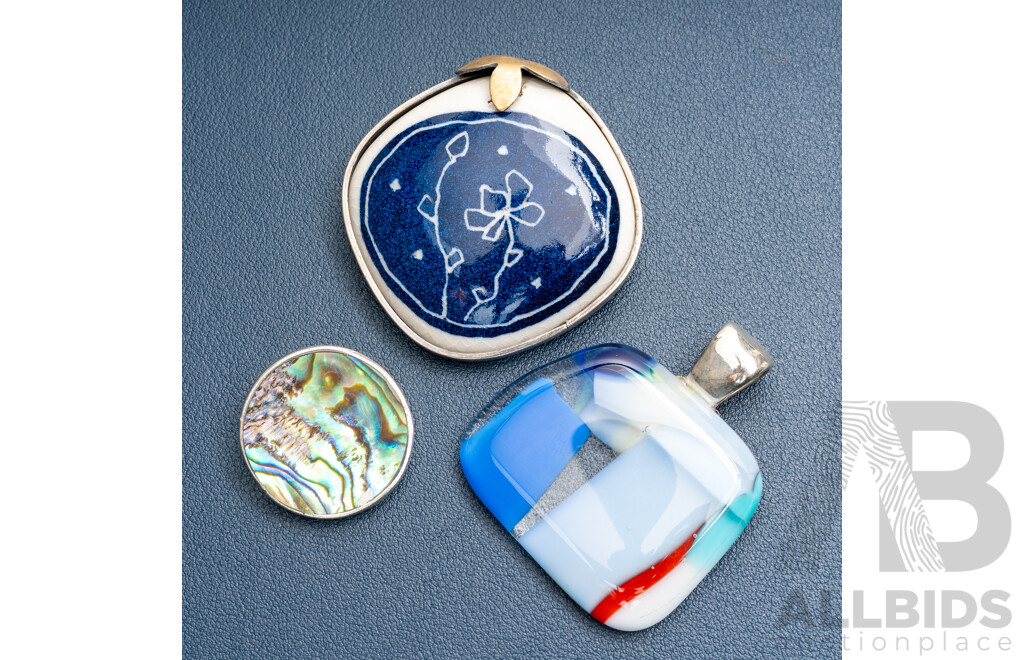Handpainted Sterling Silver Porcelain Brooch/pendant with Paua Shell Slider Pendant & Artisan Glass Pendant