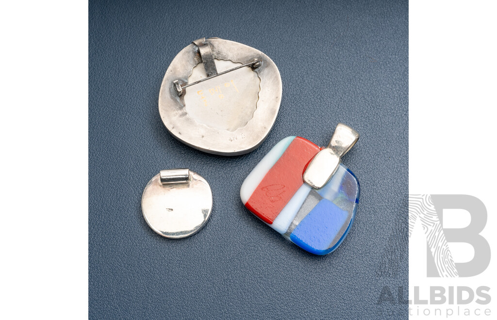 Handpainted Sterling Silver Porcelain Brooch/pendant with Paua Shell Slider Pendant & Artisan Glass Pendant