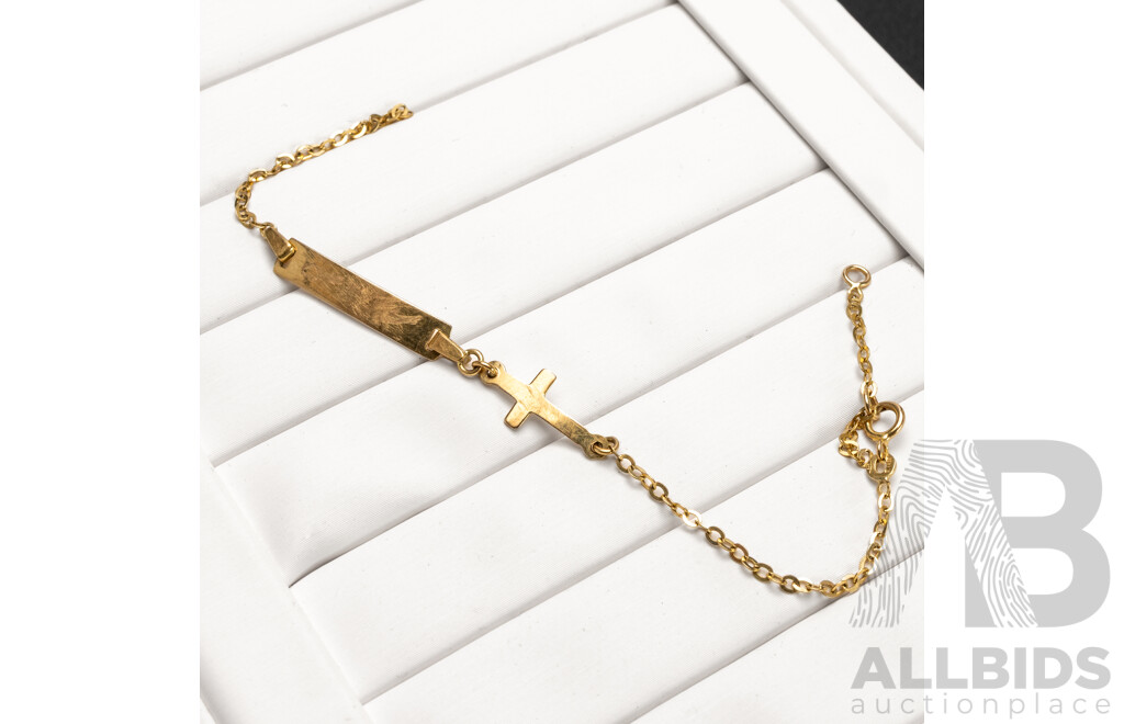 9ct Baby Bracelet with Name Plate and Cross, 15.5cm, 1.08 Grams
