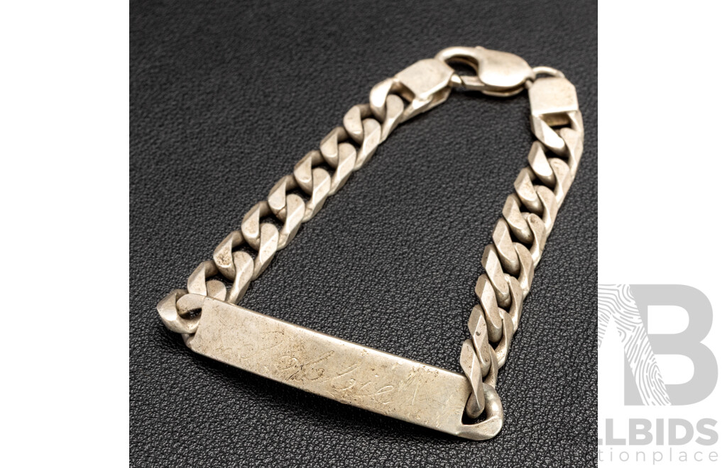Sterling Silver Mens Flat Curb Link Name Plate Bracelet, 22cm, 32.33 Grams