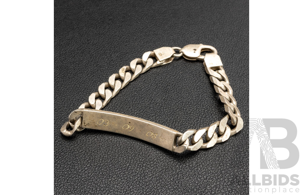 Sterling Silver Mens Flat Curb Link Name Plate Bracelet, 22cm, 32.33 Grams