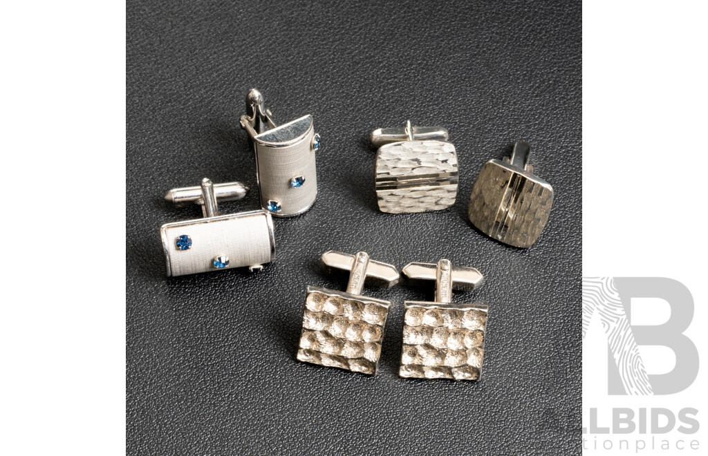 Sterling Silver Vintage Cuff Links (W.Germany) & 2 Prs Vintage Silver Tone Textured Cuff Links