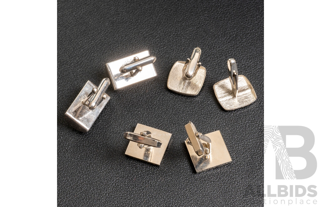 Sterling Silver Vintage Cuff Links (W.Germany) & 2 Prs Vintage Silver Tone Textured Cuff Links