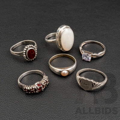 Collection of (6) Vintage Sterling Silver Rings Including Garnet & Moonstone, 22.81 Grams