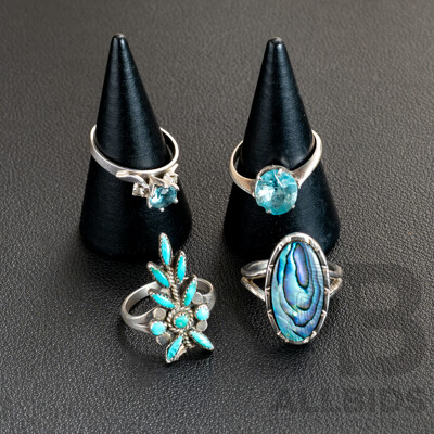 Collection of (4) Vintage Sterling Silver Rings Including Turquoise, Topaz, Tourmaline and Paua Shell, 13.63 Grams
