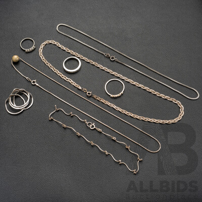 Collection of Sterling Silver Necklaces and Rings, 30.78 Grams