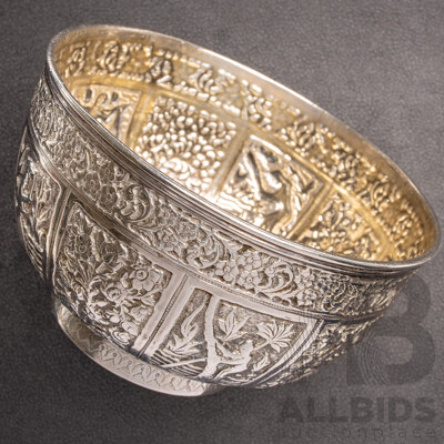 Vintage Sterling Silver Repousse South East Asian Offering Bowl, 216.9 Grams