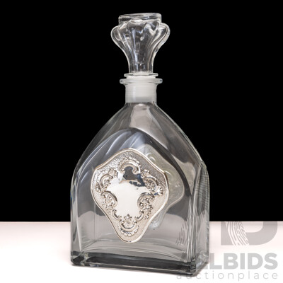 Vintage Glass Decanter Possibly Luigi Bormioli with Sterling Silver Cartouch Front & Back, 26cm Tall