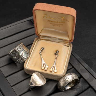 Sterling Silver Drop Stud Earrings & (3) Sterling Silver Rings, 15.20 Grams