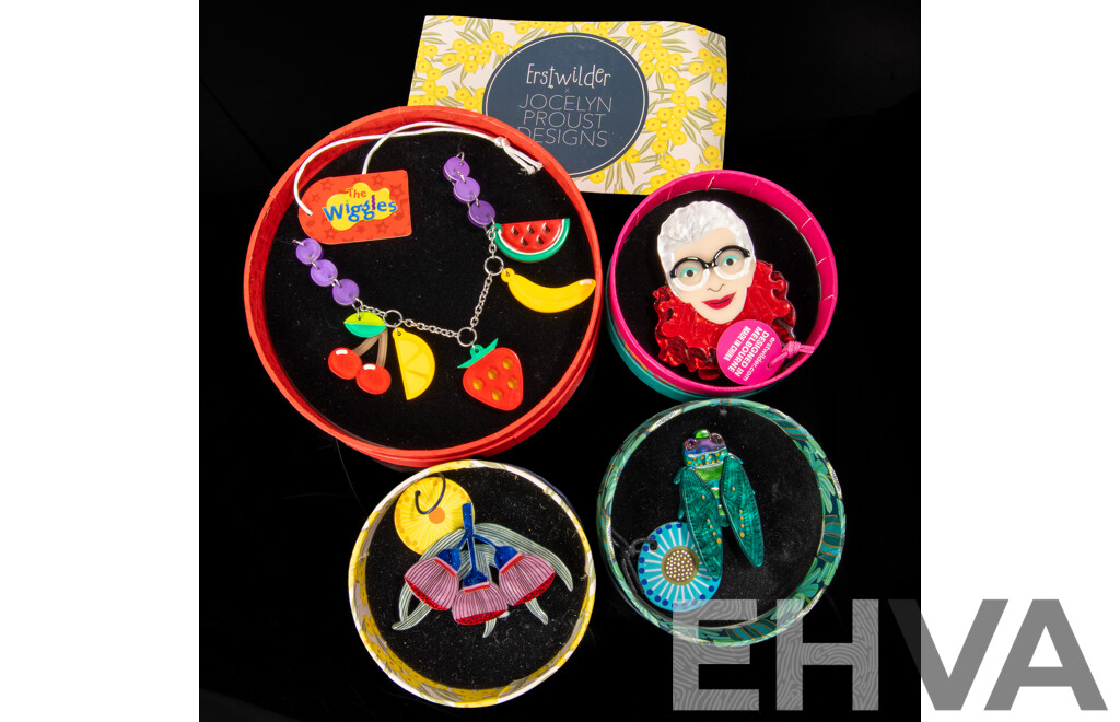 Erstwilder X the Wiggles Resin Necklace & (3) Erstwilder Resin Brooches - NEW in Original Presentation Boxes