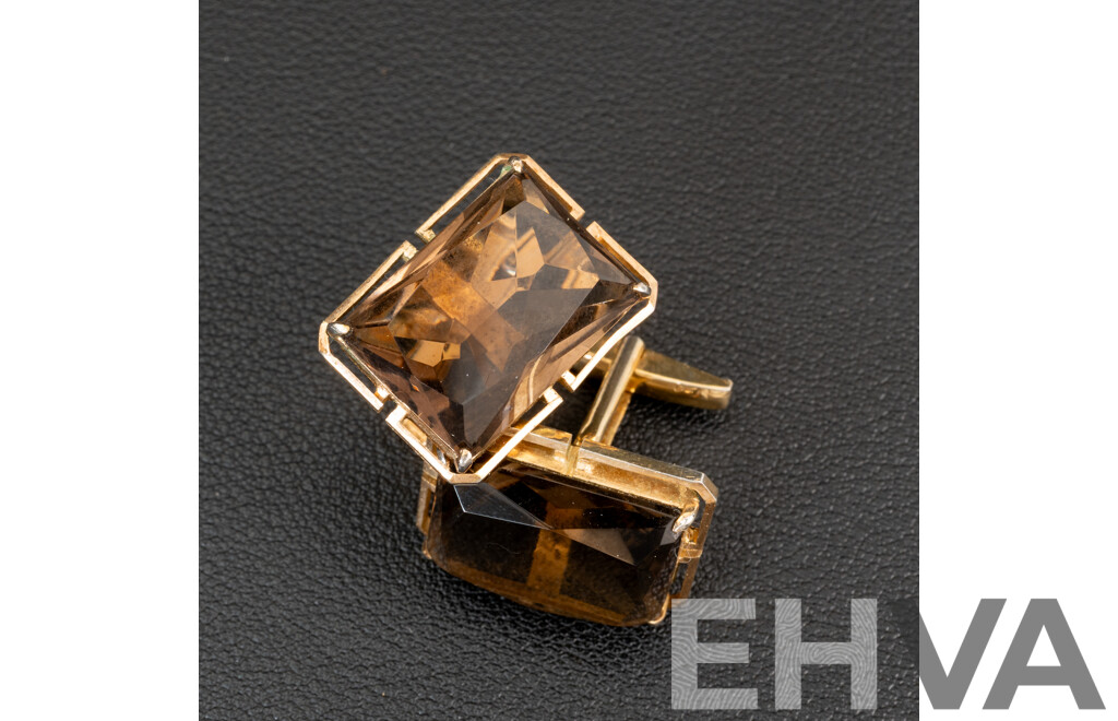 Vintage Gold Tone Sterling Silver Smokey Quartz Cuff Links, 24mm, 14.75 Grams