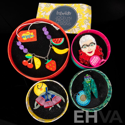 Erstwilder X the Wiggles Resin Necklace & (3) Erstwilder Resin Brooches - NEW in Original Presentation Boxes