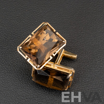 Vintage Gold Tone Sterling Silver Smokey Quartz Cuff Links, 24mm, 14.75 Grams