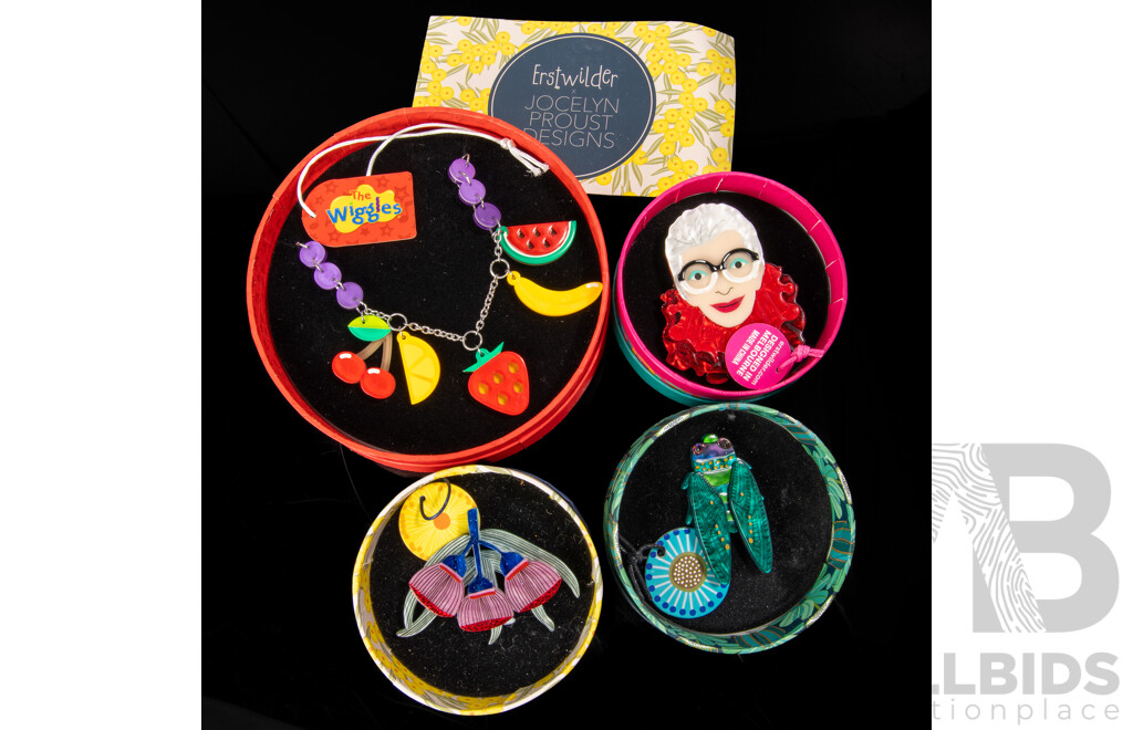 Erstwilder X the Wiggles Resin Necklace & (3) Erstwilder Resin Brooches - NEW in Original Presentation Boxes