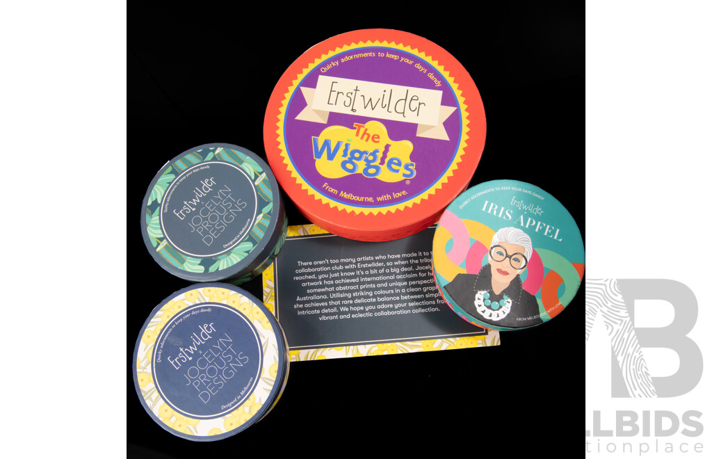 Erstwilder X the Wiggles Resin Necklace & (3) Erstwilder Resin Brooches - NEW in Original Presentation Boxes