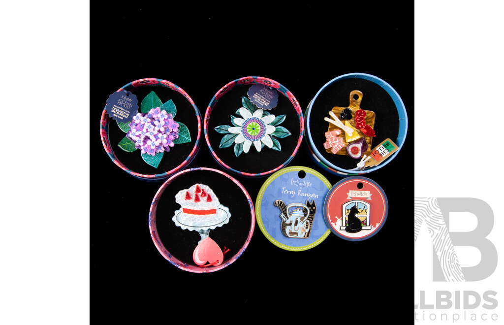 Erstwilder Collection (4) Resin Brooches & (2) Enamel Pin Brooches, NEW with Original Packaging