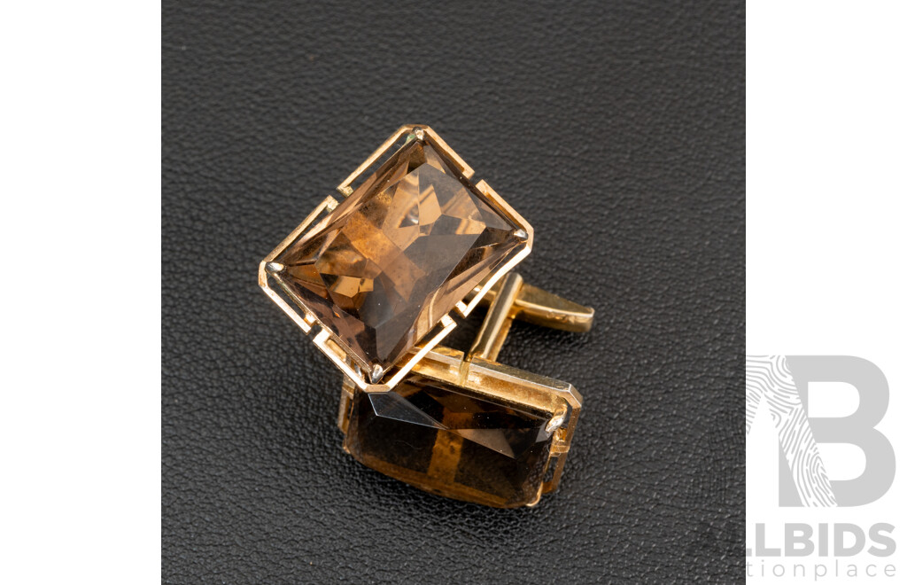 Vintage Gold Tone Sterling Silver Smokey Quartz Cuff Links, 24mm, 14.75 Grams