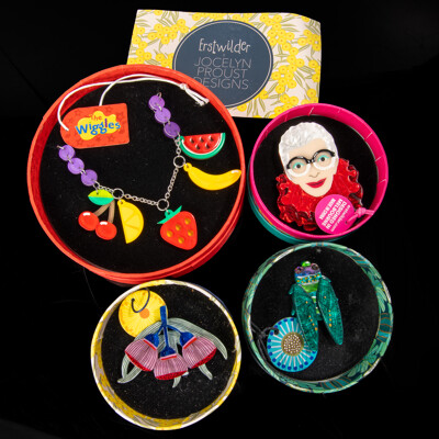 Erstwilder X the Wiggles Resin Necklace & (3) Erstwilder Resin Brooches - NEW in Original Presentation Boxes
