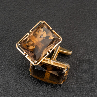 Vintage Gold Tone Sterling Silver Smokey Quartz Cuff Links, 24mm, 14.75 Grams