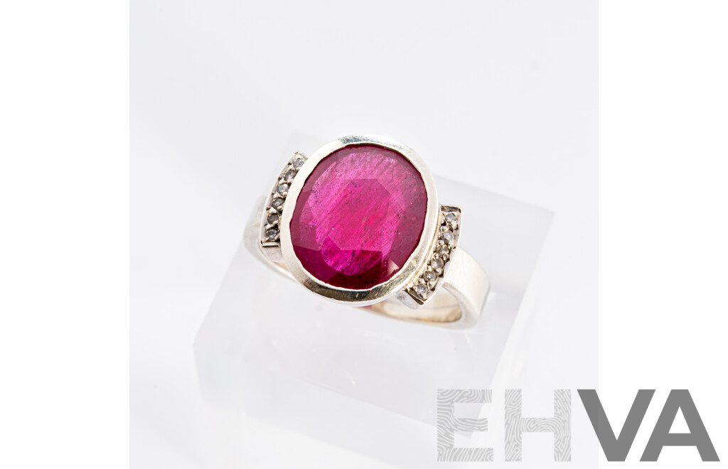 18ct White Gold Ruby & Diamond Ring, R3.84ct/TDW0.12ct, Size P, 8.27 Grams