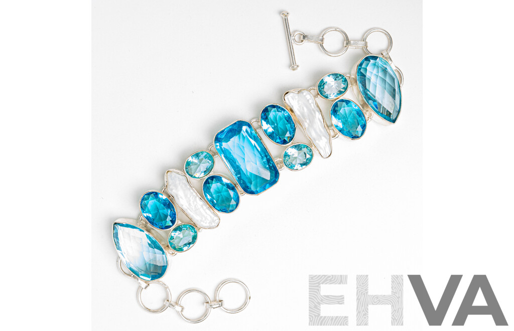 Silver Blue Topaz & Biwa Pearl Bracelet with T-Bar Clasp, Adjustable Length Up to 20cm, 44.66 Grams
