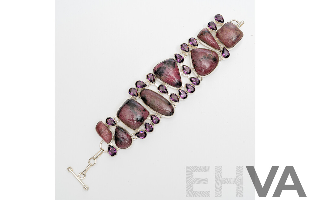 Silver Rhondonite Bracelet with T-Bar Clasp, Adjustable Length Up to 21.5cm, 77.92 Grams
