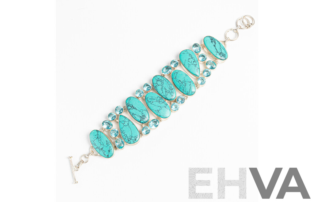 Silver Turquoise Howlite Bracelet with T-Bar Clasp, Adjustable Length Up to 21cm, 61.69 Grams