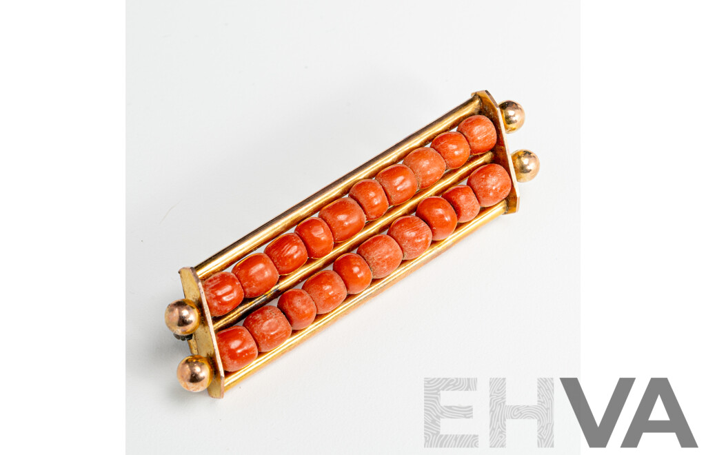 9ct Vintage Red Coral Bar Brooch, 53mm, 7.95 Grams