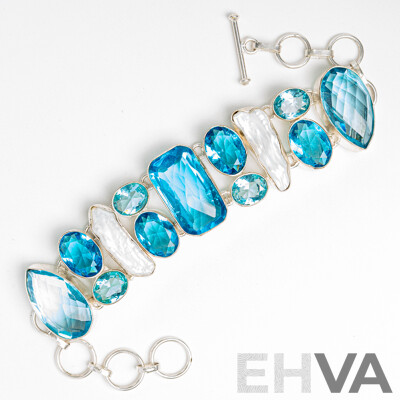 Silver Blue Topaz & Biwa Pearl Bracelet with T-Bar Clasp, Adjustable Length Up to 20cm, 44.66 Grams