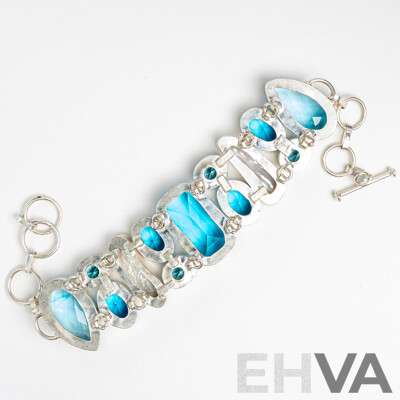 Silver Blue Topaz & Biwa Pearl Bracelet with T-Bar Clasp, Adjustable Length Up to 20cm, 44.66 Grams