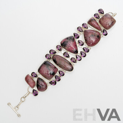 Silver Rhondonite Bracelet with T-Bar Clasp, Adjustable Length Up to 21.5cm, 77.92 Grams