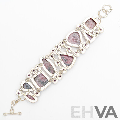 Silver Rhondonite Bracelet with T-Bar Clasp, Adjustable Length Up to 21.5cm, 77.92 Grams