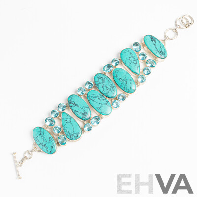 Silver Turquoise Howlite Bracelet with T-Bar Clasp, Adjustable Length Up to 21cm, 61.69 Grams